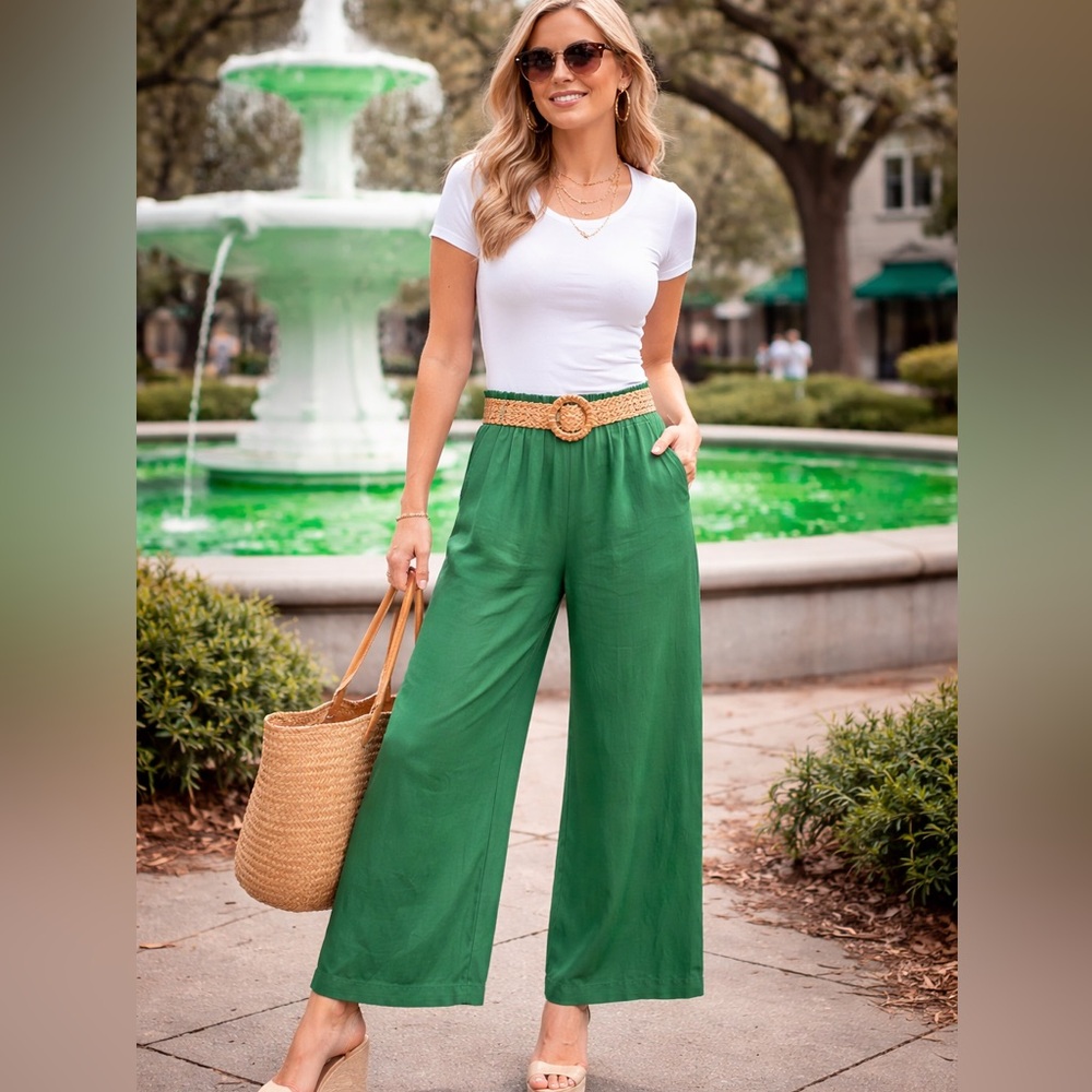 Kourt, Emerald Green Pull-On Wide Leg Pants Elastic Waist Lounge Resort Size M - Picture 4 of 8